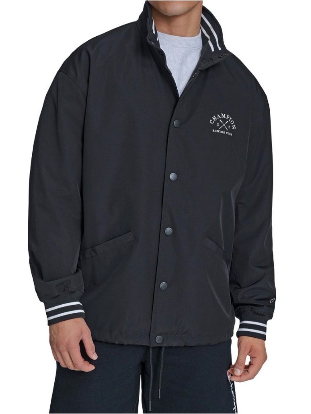 Champion Black Varsity-Style Coach Jacket with White Stripe Detail/ Size Large